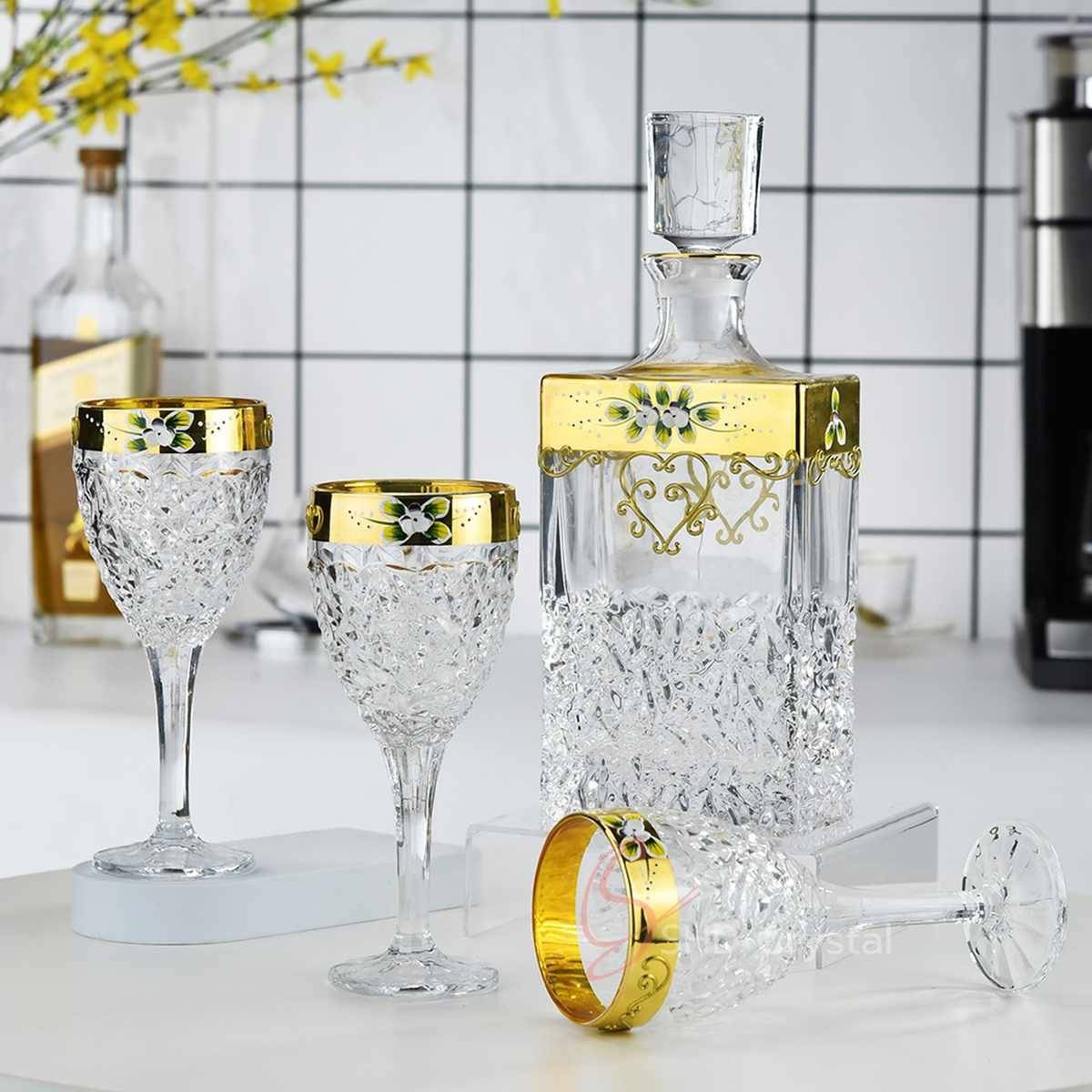 Enamel Flower Gilded Crystal Liquor Set