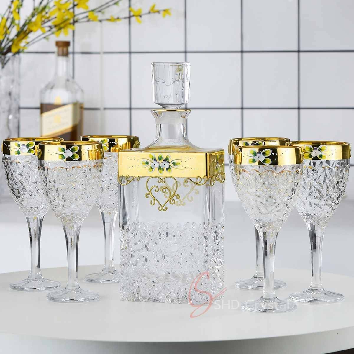 Enamel Flower Gilded Crystal Liquor Set