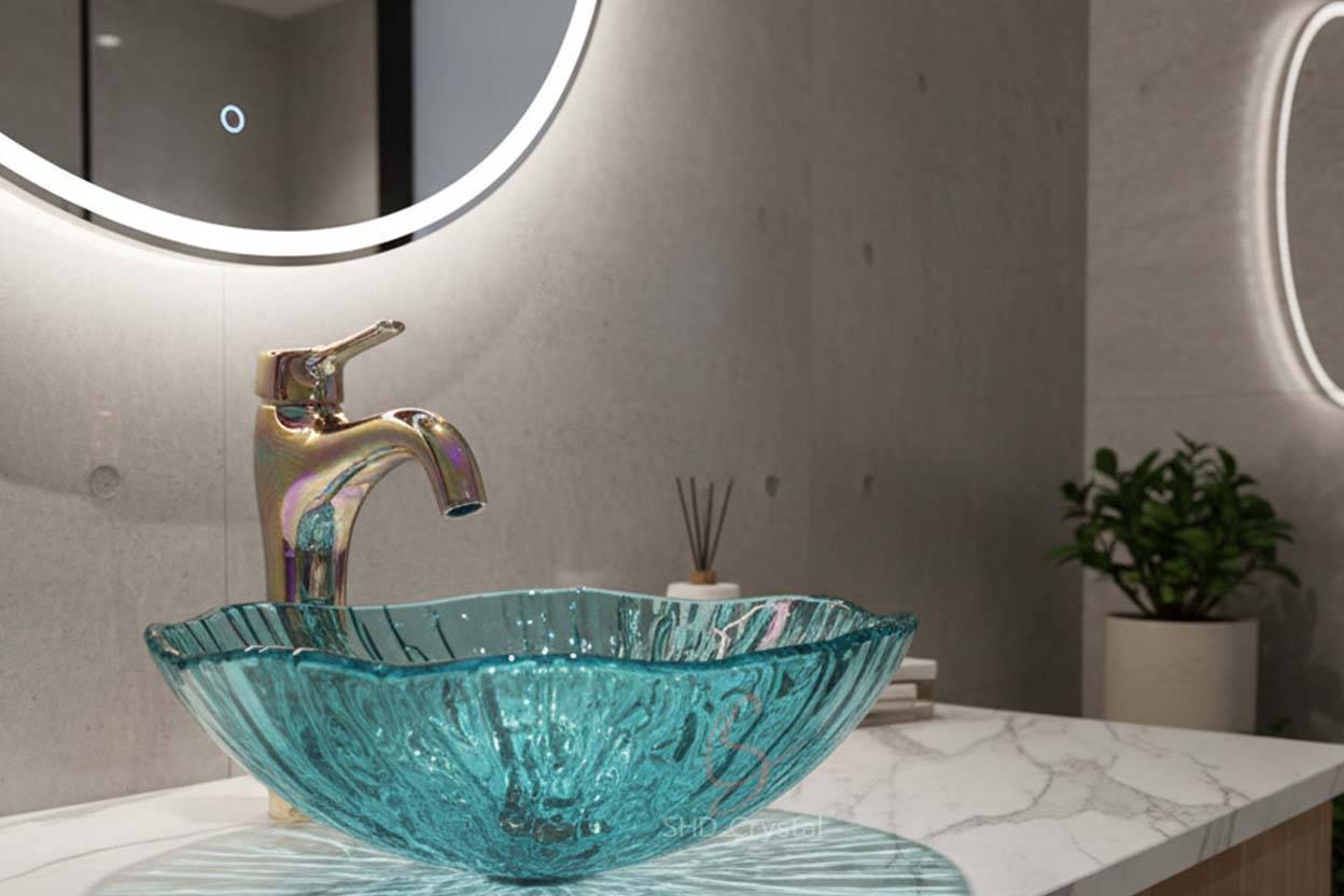 blue glass washbasins