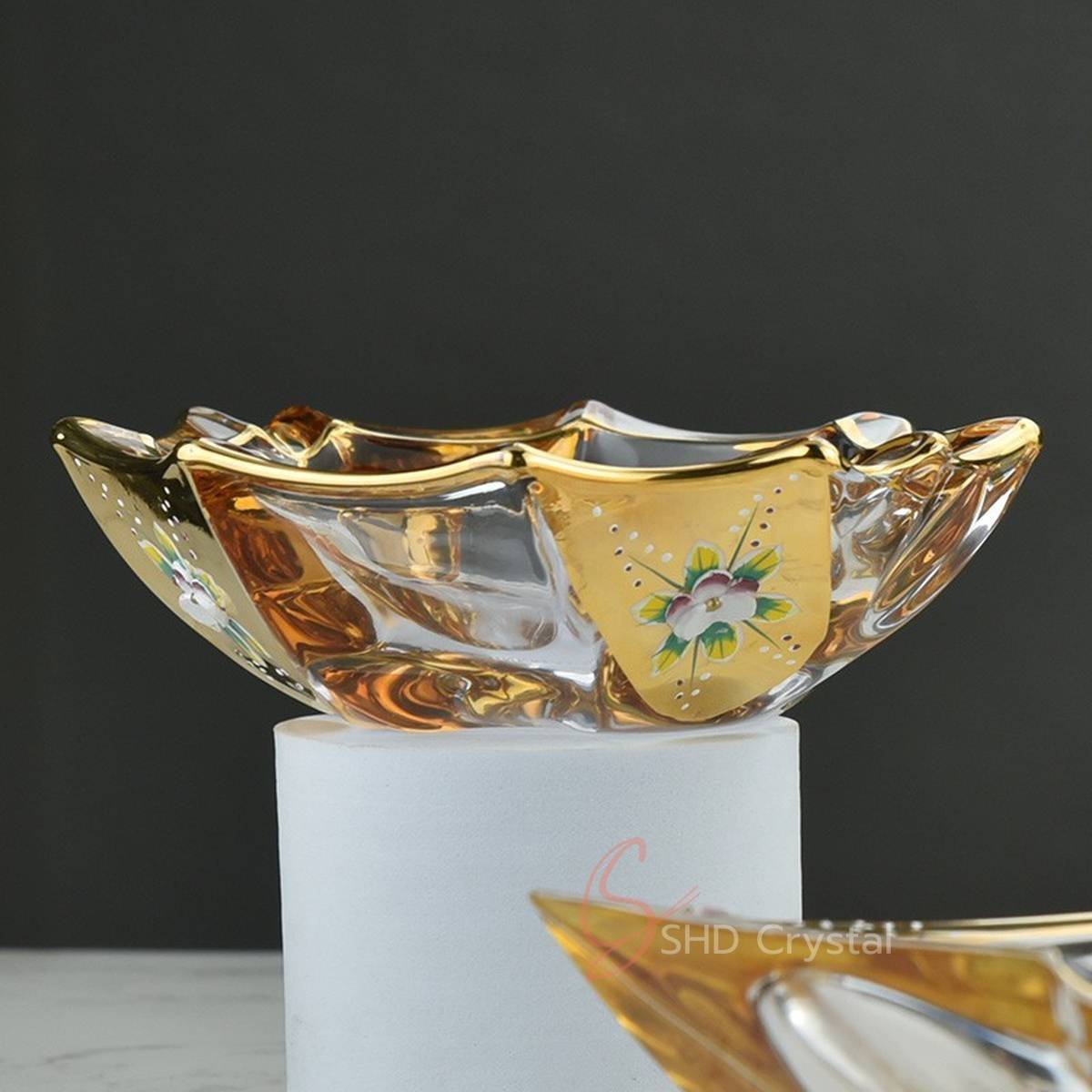 Gold Enamel Floral Glass Fruit Bowl