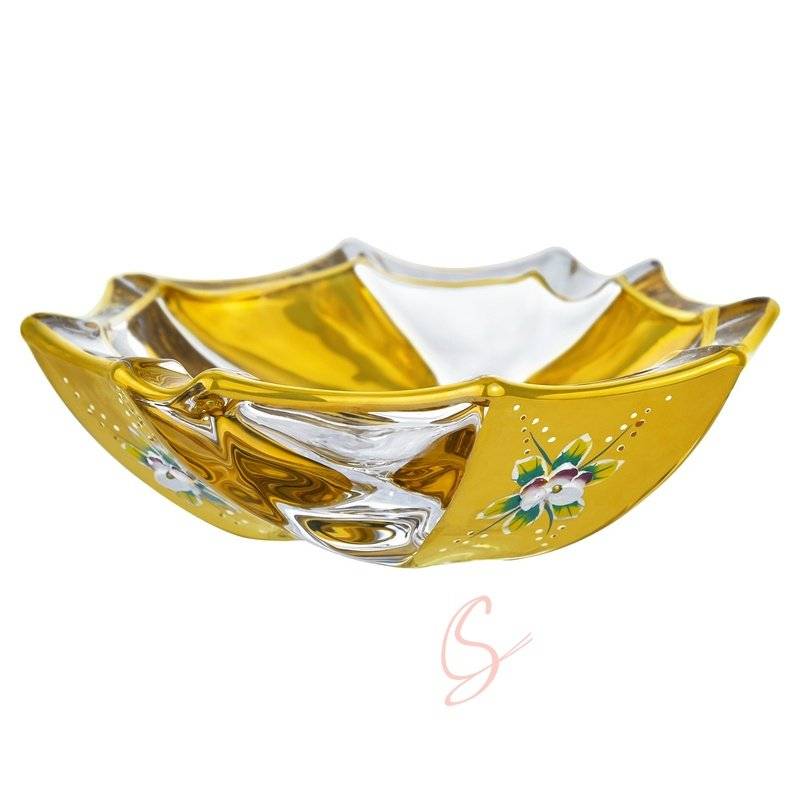 Gold Enamel Floral Glass Fruit Bowl