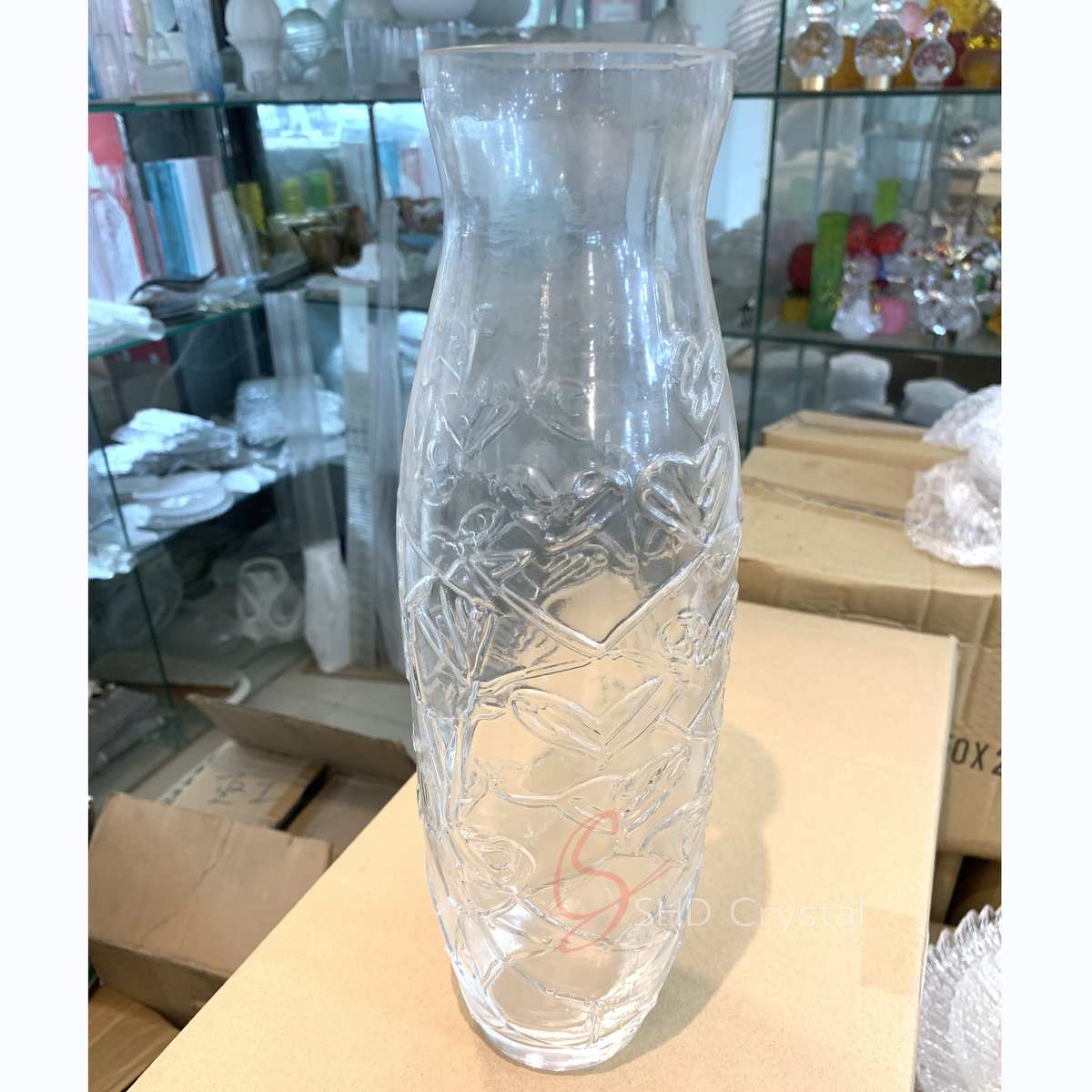 Clear Tall Botanical Relief Cylindrical Glass Lampshade