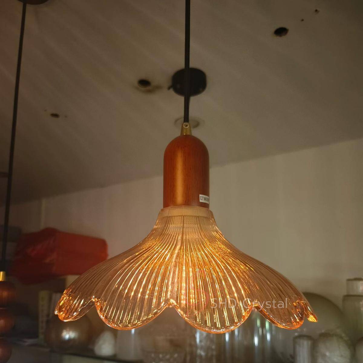 Amber Petal Ribbed Bell-Shaped Glass Pendant Lampshade