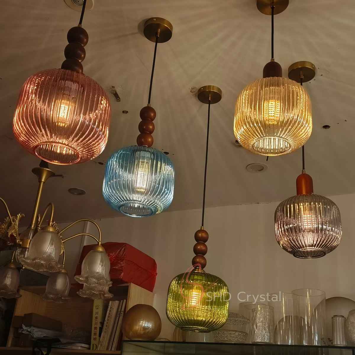 Ribbed Cylindrical Molded Glass Pendant Lampshade