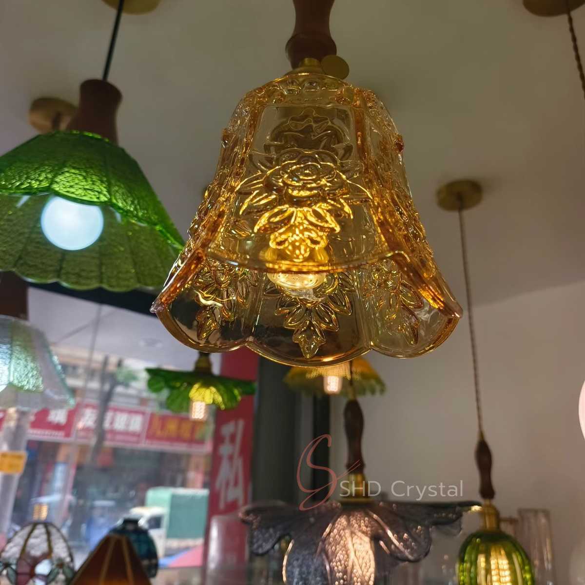 Amber Floral Relief Faceted Glass Pendant Lampshade