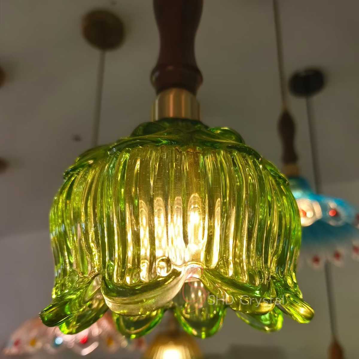 Green Hand-Blown Ribbed Petal Glass Pendant Lampshade