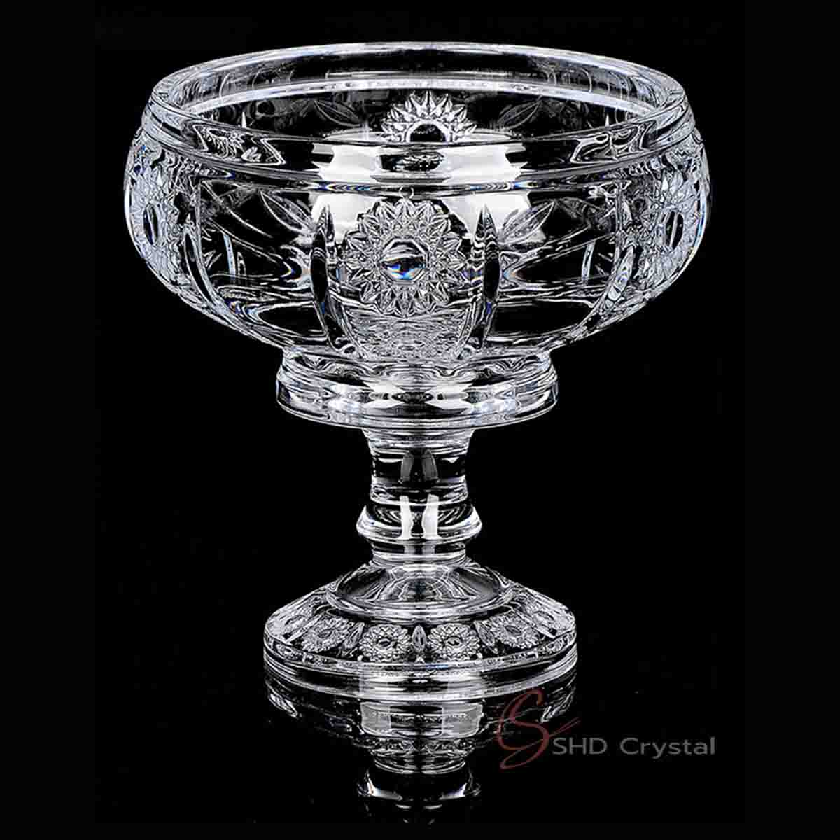 Clear Crystal Glass Cut Compote Bowl with Pedestal–Sunburst Cut
