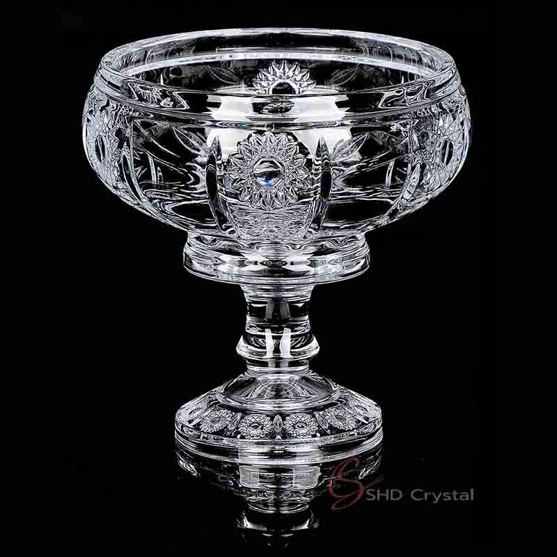 Clear Crystal Glass Cut Compote Bowl with Pedestal–Sunburst Cut