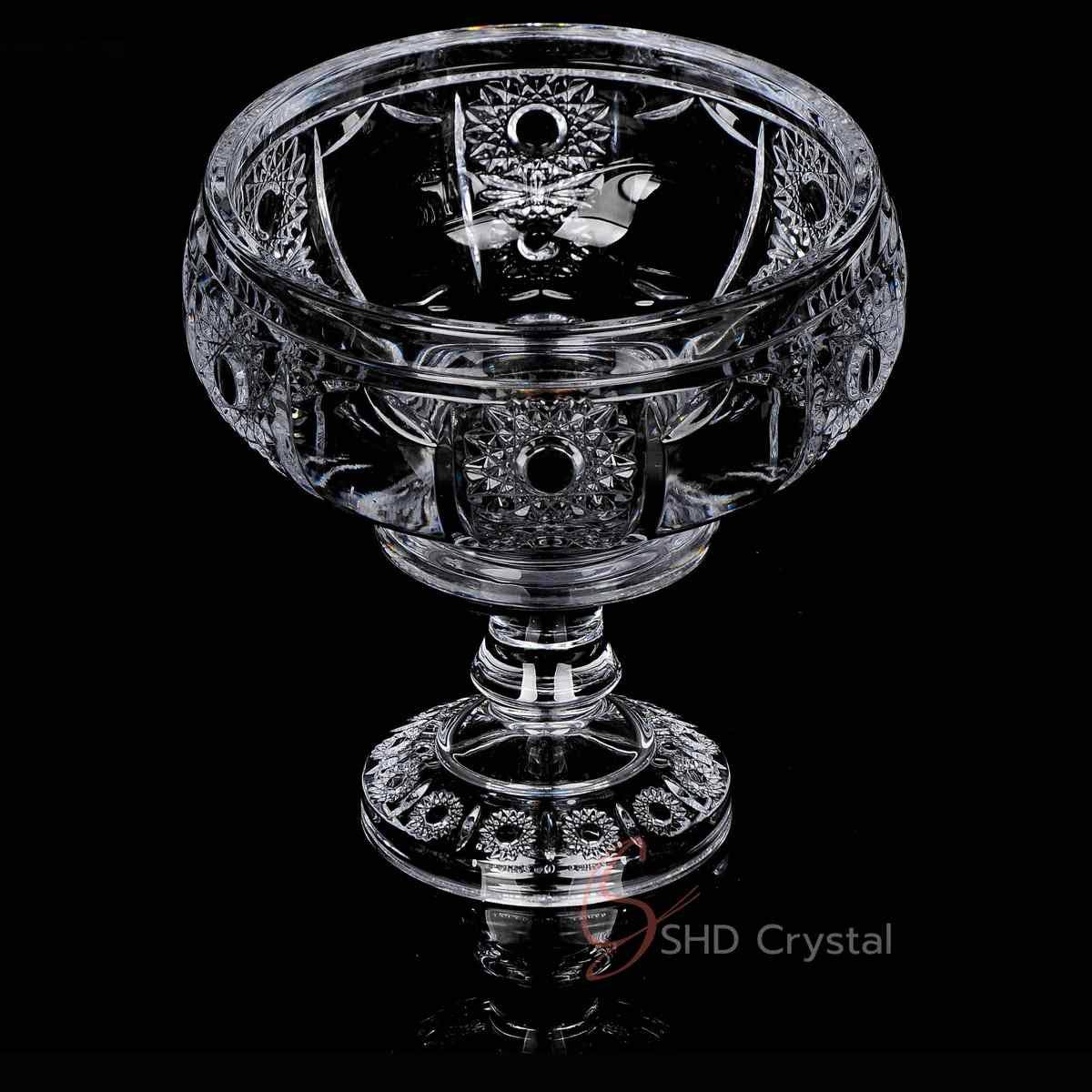 Clear Crystal Glass Cut Compote Bowl with Pedestal – Starburst Panel Cut