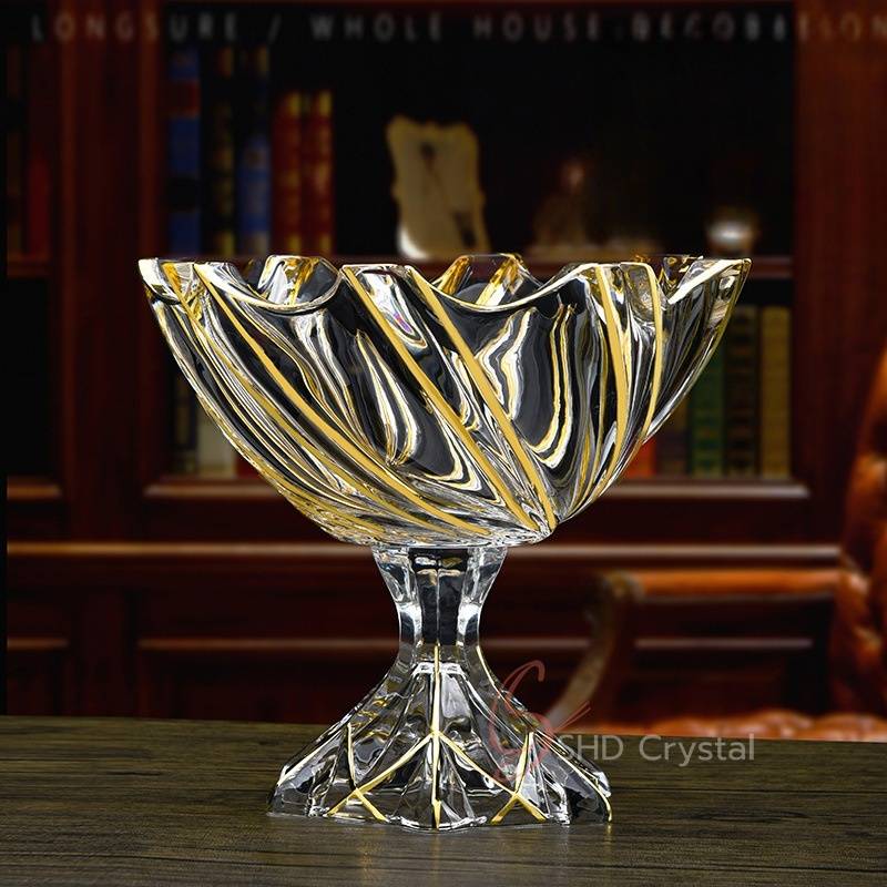 Whirlwind Gold Glass Pedestal Fruit Bowl (Large)