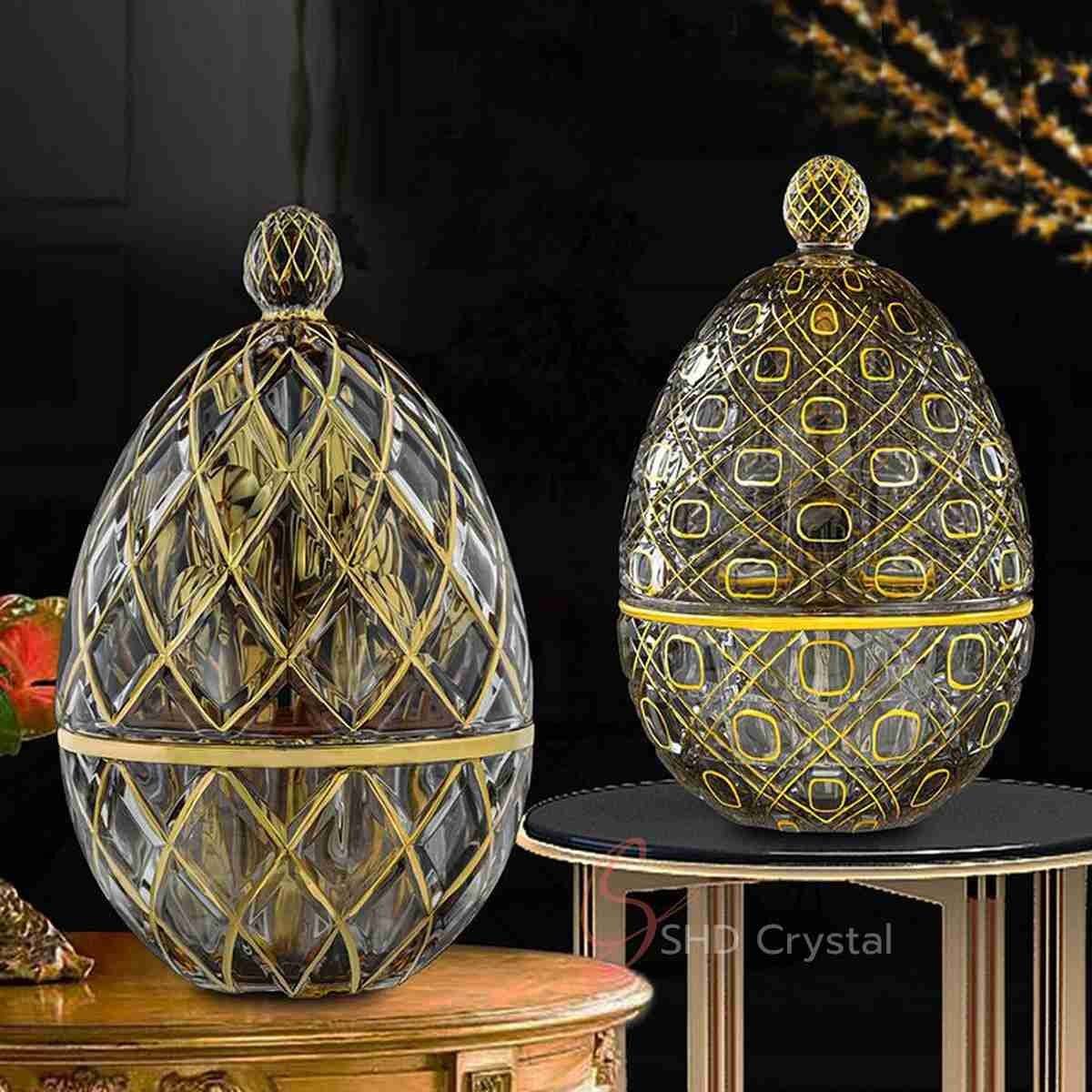 Luxury Gold-Plated Crystal Glass Egg-Shaped Cutlery Storage Dome–Diamond Grid