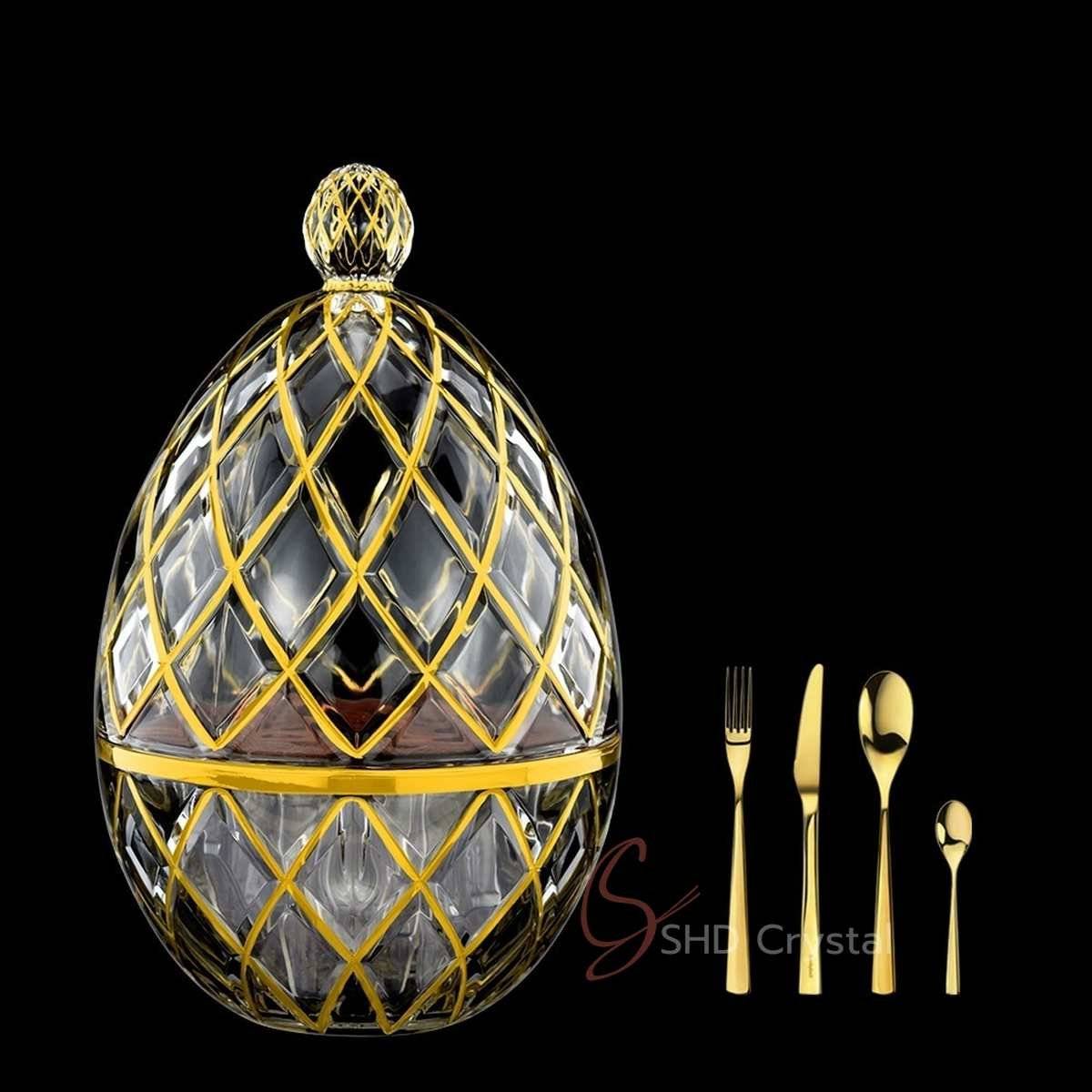 Luxury Gold-Plated Crystal Glass Egg-Shaped Cutlery Storage Dome–Diamond Grid