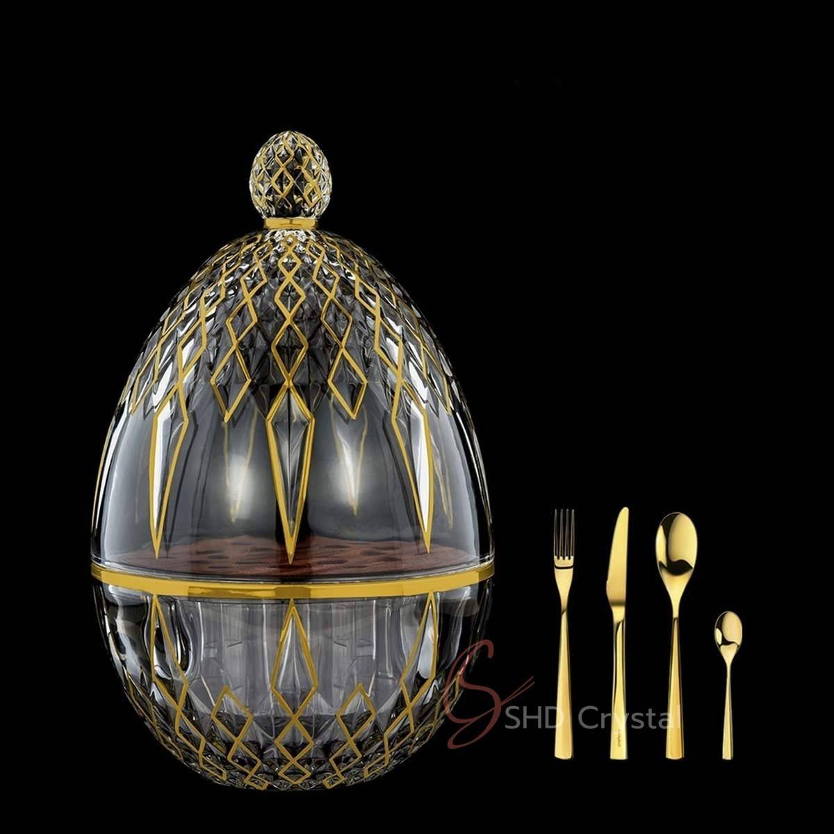 Luxury Gold-Plated Crystal Glass Egg-Shaped Cutlery Storage Dome–Intersecting Arrow