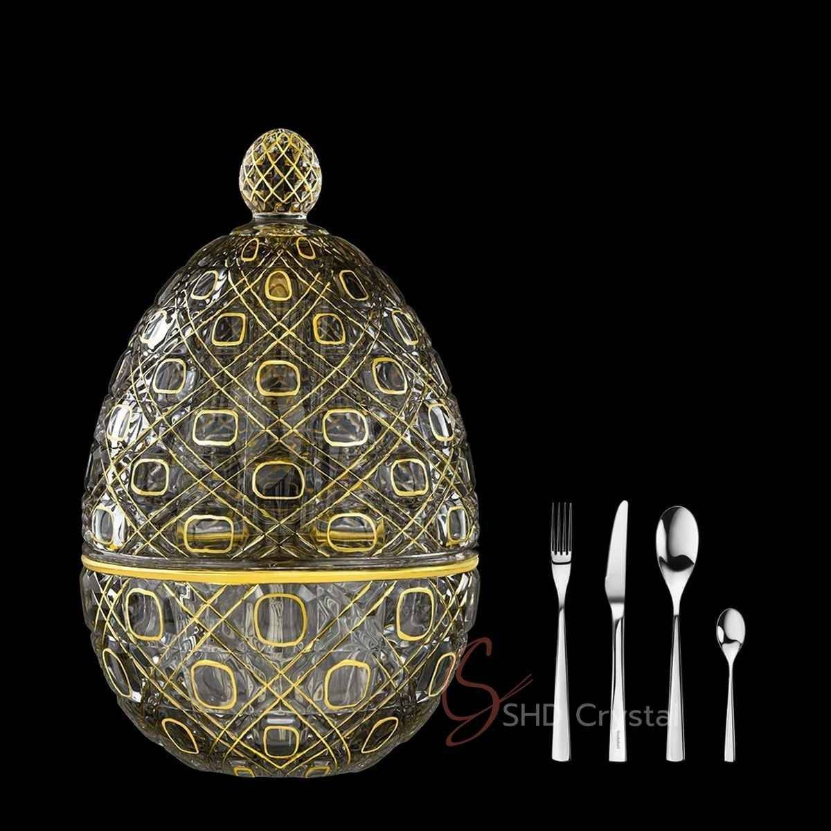 Luxury Gold-Plated Crystal Glass Egg-Shaped Cutlery Storage Dome–Square Maze