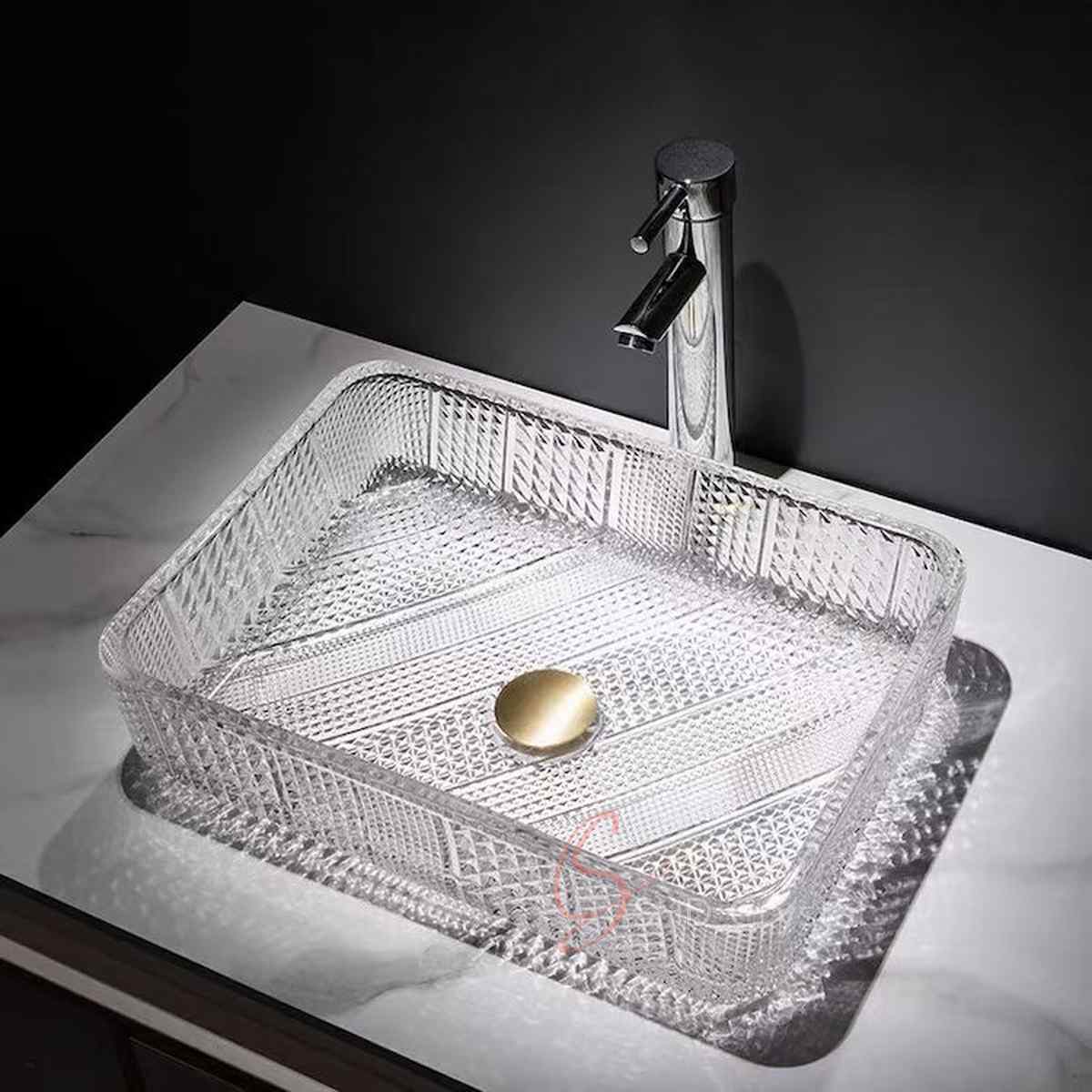 Clear Diamond Cut Rectangular Crystal Washbasin