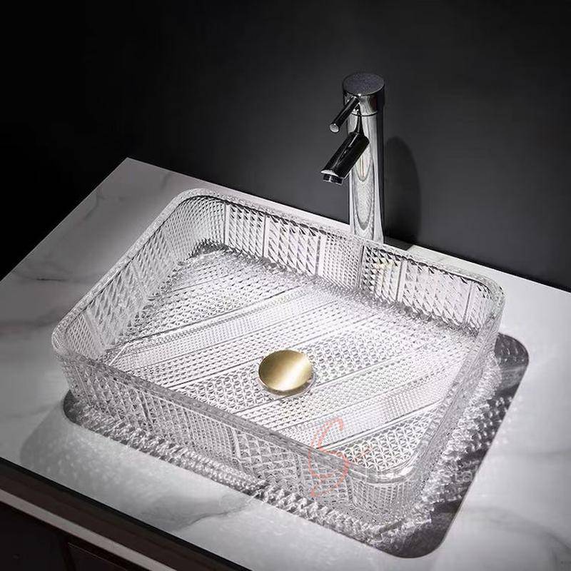 Clear Diamond Cut Rectangular Crystal Washbasin
