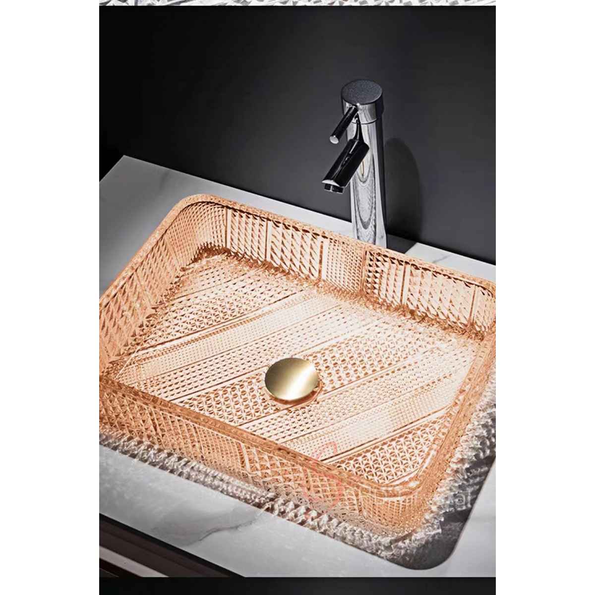 Orange Diamond Cut Rectangular Crystal Washbasin