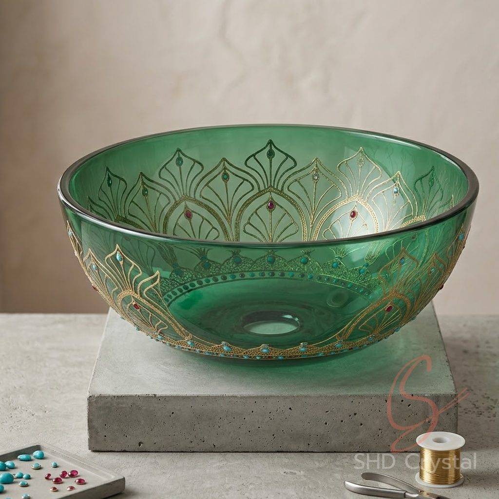 green glass washbasins