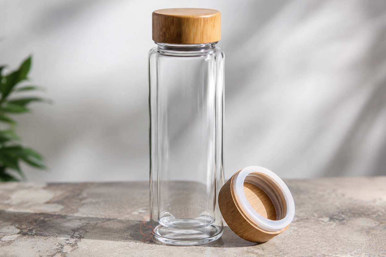 glass water bottle with bamboo lid