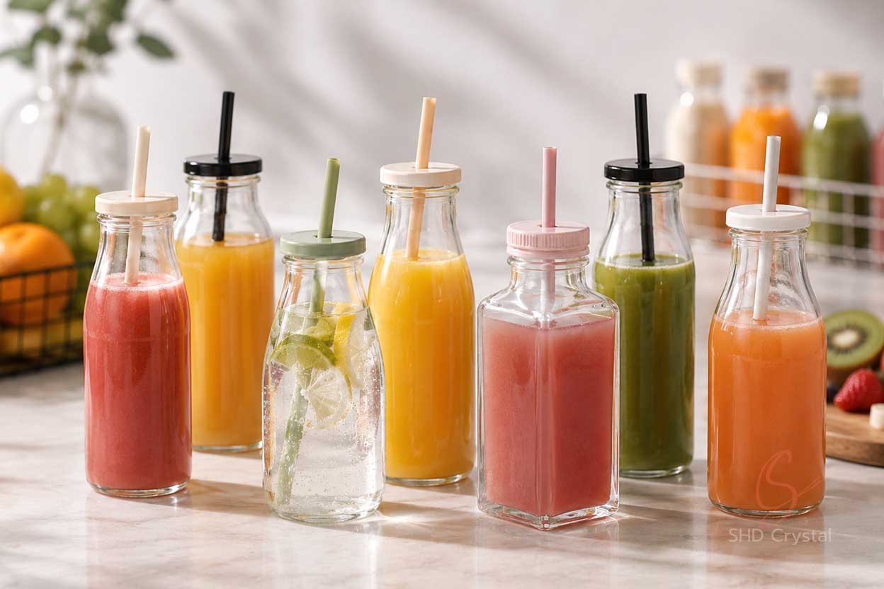 custom glass juice bottle with straw