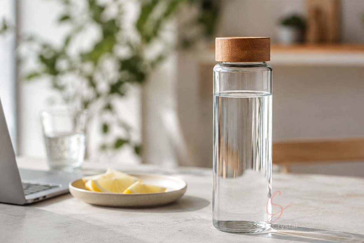 glass water bottle with wooden lid