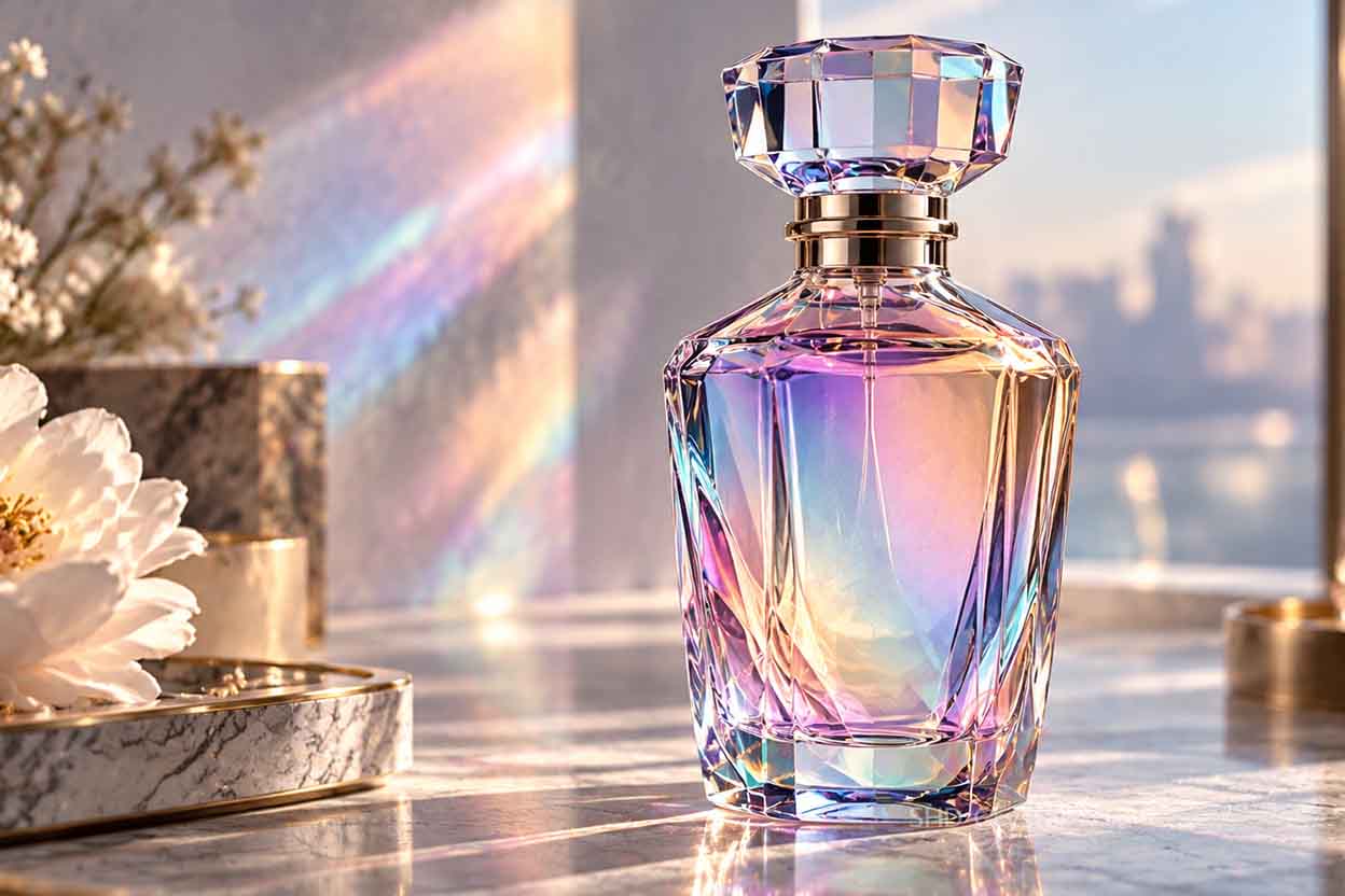 iridescent transparent perfume bottle
