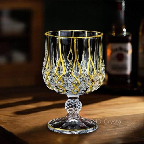 Geometric Gilded Pattern-Rimmed Crystal Glass Goblet
