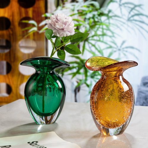 D135*H175mm Amber Handmade Round Leaf Glass Flower Vase