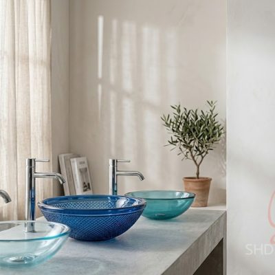 blue glass washbasins
