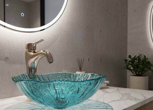 blue glass washbasins