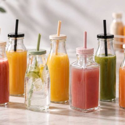 custom glass juice bottle with straw