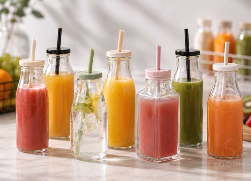 custom glass juice bottle with straw