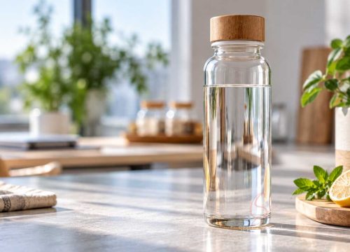 glass water bottle with wooden lid