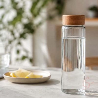 glass water bottle with wooden lid