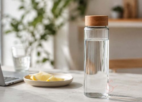 glass water bottle with wooden lid