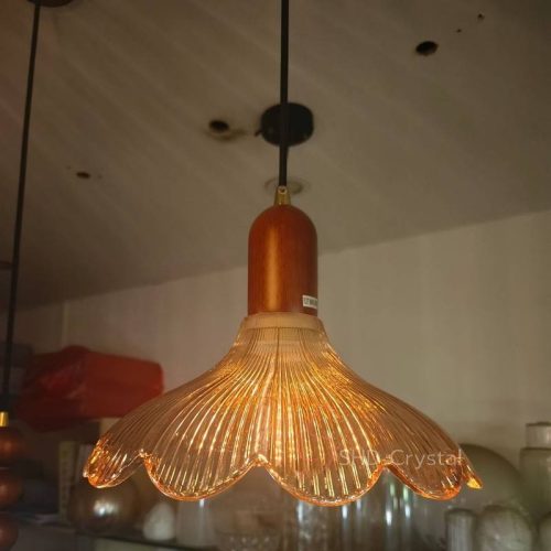 Amber Petal Ribbed Bell-Shaped Glass Pendant Lampshade