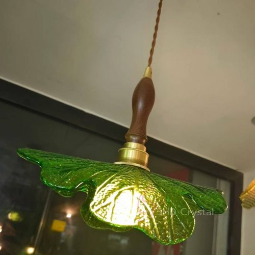 Green Leaf-Shaped Textured Pendant Glass Lampshade