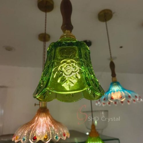 Green Floral Relief Faceted Glass Pendant Lampshade