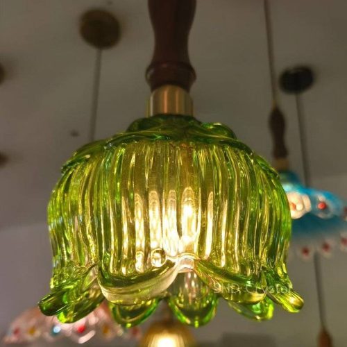 Green Hand-Blown Ribbed Petal Glass Pendant Lampshade