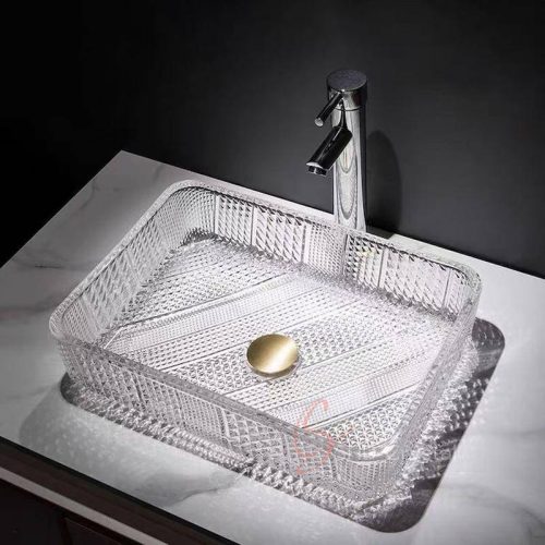 Clear Diamond Cut Rectangular Crystal Washbasin